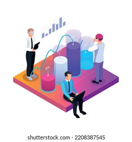 Isometric composition with businessmen analysing data using augmented reality technology 3d vector illustration