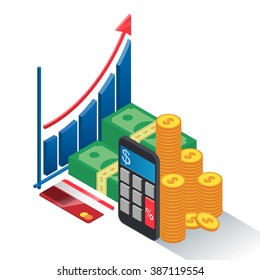 Isometric composition calculator money graph up vector illustrat