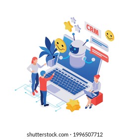 Isometric composition with chatbot on laptop people happy smiles on white background vector illustration