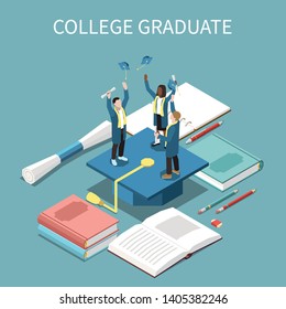 Isometric composition with cheerful college graduates books and blue cap 3d vector illustration