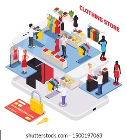 Isometric composition with clothing store interior credit card and customers choosing clothes on white background 3d vector illustration