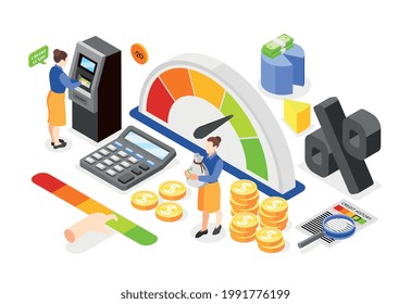 Composición isométrica con iconos coloreados de la calculadora del contador de crédito del deudor del préstamo atm gráfico de dinero en la ilustración del vector de fondo blanco