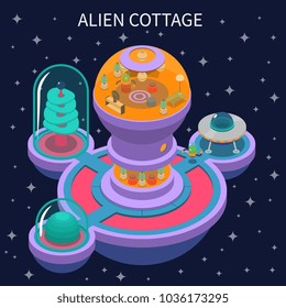 Isometric composition with colorful alien cottage and its interior on dark background with stars 3d vector illustration