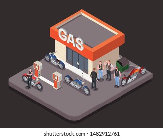 Isometric composition with colorful motorbikes and group of male bikers standing near gas station on black background 3d vector illustration