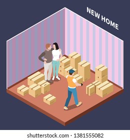 Isometric composition with couple moving to new house with cardboard boxes 3d vector illustration