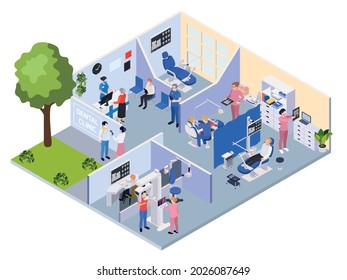 Isometric composition with dental clinic interior reception equipment human characters of patients and dentists 3d vector illustration