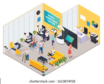 Isometric composition with disabled people with crutches and on wheelchair at social assistance center 3d vector illustration