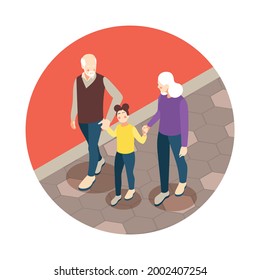 Isometric composition with elderly grandparents walking with their granddaughter 3d vector illustration