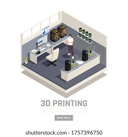 Isometric composition with engineer working with 3d printers vector illustration