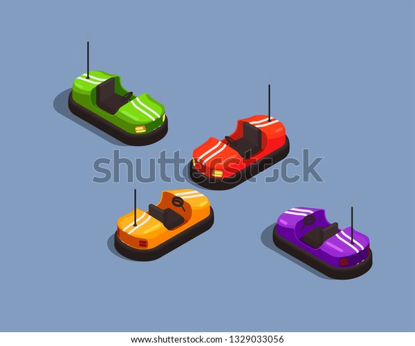 Isometric composition with\
four colorful bump cars in amusement park 3d isolated vector\
illustration
