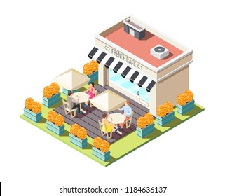 Isometric composition with french street cafe and people drinking coffee outdoors on white background 3d vector illustration