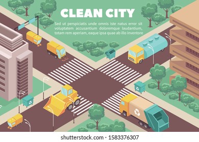 Isometric composition with garbage trucks and trash containers in streets of clean city 3d vector illustration