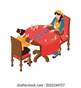 Isometric composition with gypsy telling fortune by tarot cards 3d vector illustration