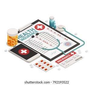 Isometric Composition With Health Insurance Card Medicine Stethoscope And Mobile Phone On White Background 3d Vector Illustration