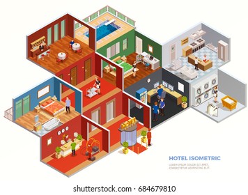 Composição isométrica de quartos de hotel design interior com funcionários e convidados em ilustração vetorial de fundo branco