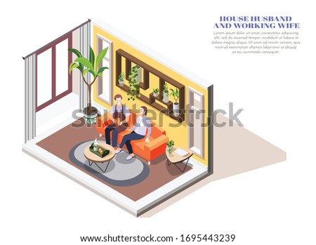 Isometric composition with house husband giving tea to tired wife after work 3d vector illustration
