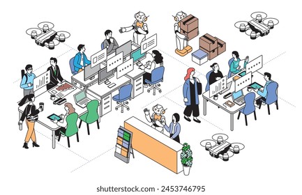 Composición isométrica Ilustración de un robot de IA y personas trabajando en una oficina