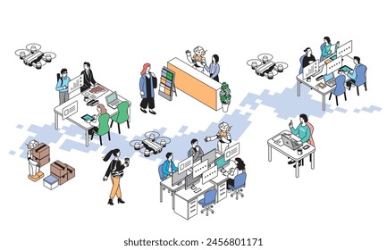 Isometric composition Illustration of AI robots and people working in Japan