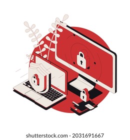 Isometric composition with information on various devices protected from cyber attack 3d vector illustration