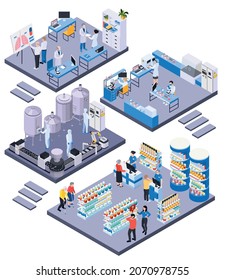 Composición isométrica con el interior del laboratorio de fabricación científica de farmacia con caracteres modernos de equipos de científicos clientes farmacéuticos aislados ilustración vectorial