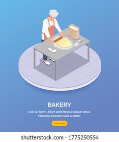 Isometric composition with male baker rolling dough in bakery 3d vector illustration