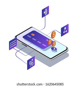 Isometric composition of mobile payments. Transfer money from card. Vector illustration of smartphone and bank card on white background. 