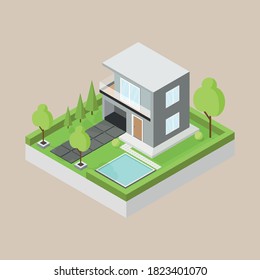 Isometric composition with modern suburban two-story private house and clean yard with vector pool. Isometric vector illustration.