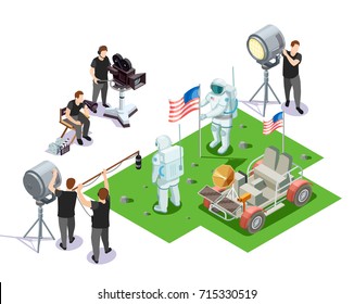 Isometric composition with movie operators shooting scene with american astronauts on white background 3d vector illustration