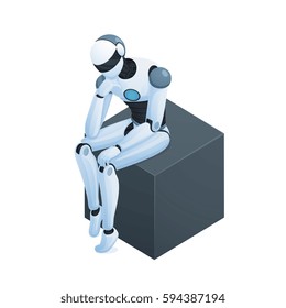Isometric composition on white background with robot sitting and thinking on black cube 3d vector illustration