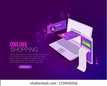 Isometric  Composition Online Payment By Credit Or Debit Cards From Laptop And Smartphone. Landing Page Design.