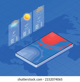 Isometric composition with online weather forecast news report 3d elements on blue background with world map vector illustration