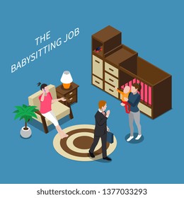 Isometric composition with parents leaving their child with babysitter 3d vector illustration