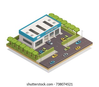 Isometric composition with parked cars near auto service center on white background 3d vector illustration