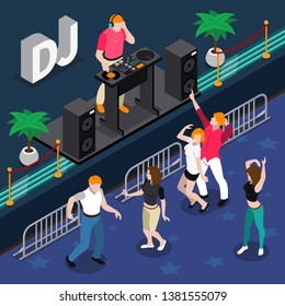 Isometric Composition With People Dancing At Party To Music Of Dj Musician 3d Vector Illustration