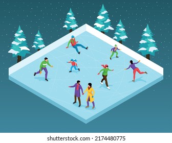 Isometric composition with people of different ages skating on ice rink with snow falling on colour background 3d vector illustration