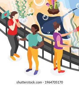 Isometric composition with people watching skate fish behind glass wall in seaquarium vector illustration