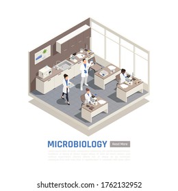 Isometric composition with people working with microscopes in science laboratory 3d vector illustration