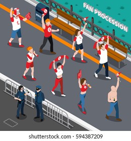 Isometric composition with police and street procession of excited sports fans with red white attributes vector illustration 