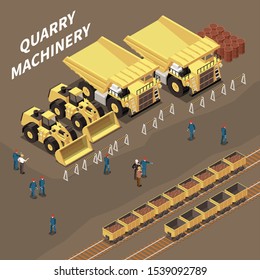 Isometric composition with quarry machinery carts with rocks and miners 3d vector illustration