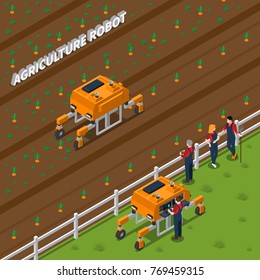 Isometric composition with remote agricultural robot during weeding, farming workers with control panel vector illustration