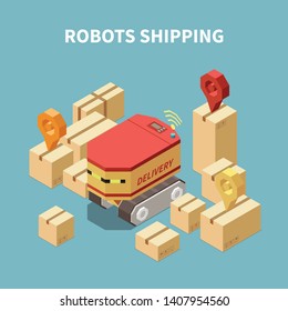 Isometric composition with robot delivering goods in cardboard boxes on blue background 3d vector illustration