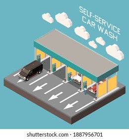 Isometric composition of self service car wash building on blue background 3d vector illustration
