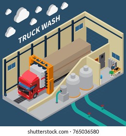 Isometric composition with shiny truck after automatic wash, cleaning equipment, interior elements on blue background vector illustration 