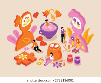 Composición isométrica que muestra a las personas interactuando con símbolos emocionales, piezas de rompecabezas de flores y Formas abstractas ilustración isométrica