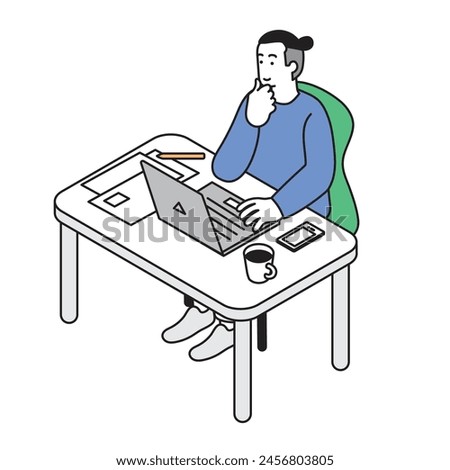Isometric composition - simple illustration of a man working remotely