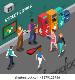 Isometric composition with street musicians playing musical instruments 3d vector illustration