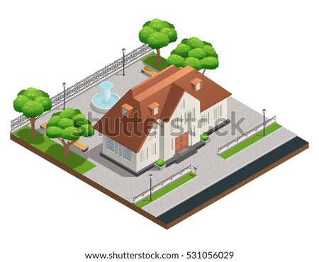 Isometric composition with suburban house and big clean yard with fountain trees and benches on white background vector illustration
