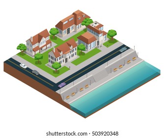 Isometric composition with suburban houses near embarkment on white background vector illustration