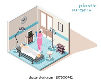 Isometric composition with surgeon and woman getting ready for plastic operation in surgery room 3d vector illustration