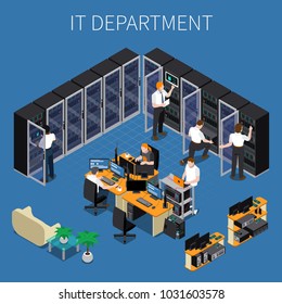 Isometric Composition With System Administrators And Technicians Working At Information Technology Engineering Department 3d Vector Illustration